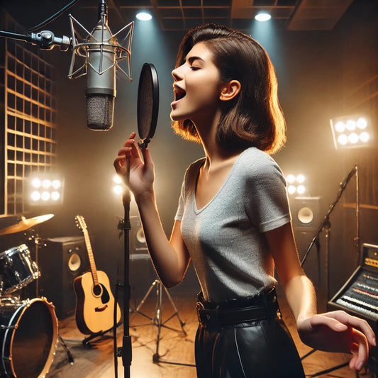 A female vocalist passionately singing in a recording studio. The scene shows her in a professional environment with a microphone.