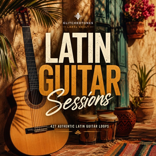 Latin Guitar Sessions product cover featuring 427 royalty-free Latin guitar loops for music producers, with authentic acoustic and electric guitar performances.