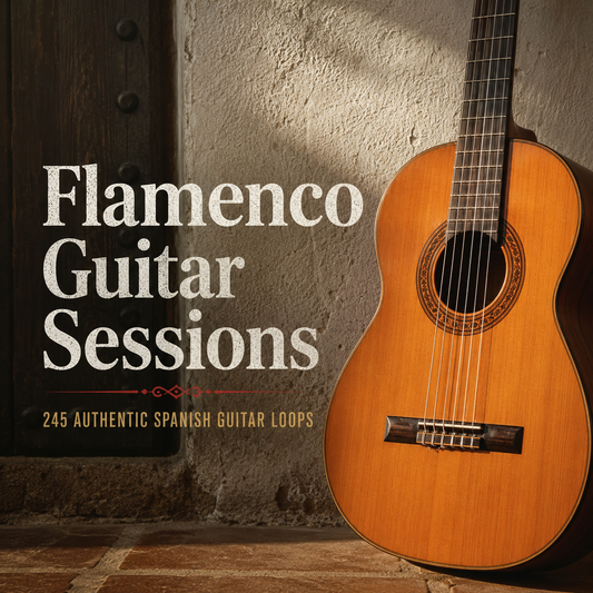 Flamenco Guitar Sessions product cover featuring 245 royalty-free Spanish Flamenco guitar loops with authentic acoustic guitar performances for music producers.